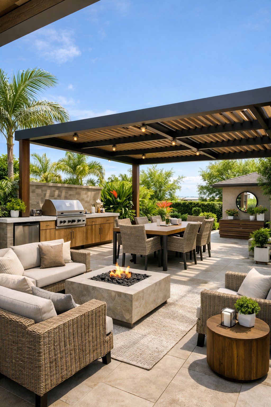 Outdoor living space with summer kitchen